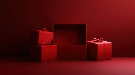 All red gift box concepts blank opening gift box product display showcase isolated on dark red background for christmas valentines and chinese new year days decoration minimal conceptual 3D rendering