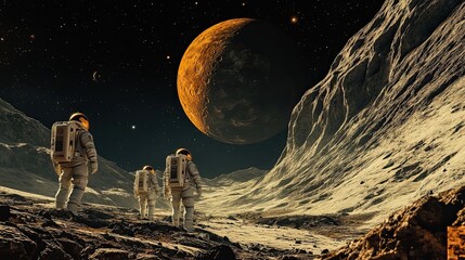 Wall Mural - astronauts exploring a rocky extraterrestrial landscape