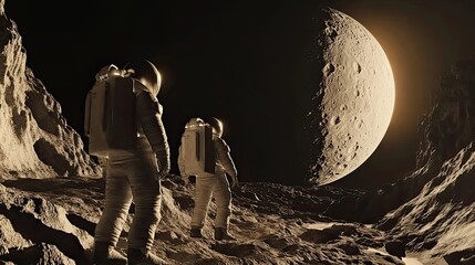Wall Mural - two astronauts standing on a moon-like surface with a large cratered celestial body in the backgroun