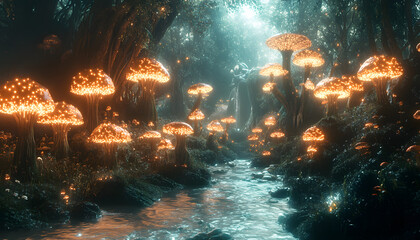 A mystical forest with glowing mushrooms, winding rivers, and floating islands, creating a magical and otherworldly feel