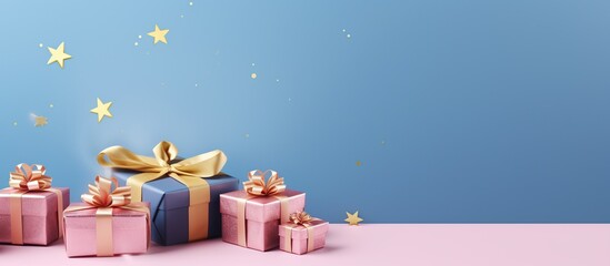 Sticker - Gift Boxes with Gold Ribbons and Stars on a Pink and Blue Background