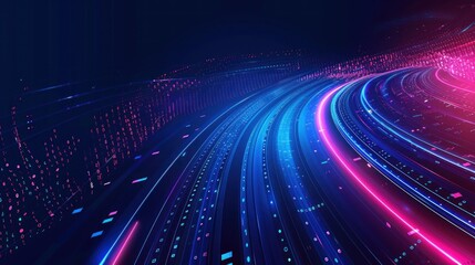 Abstract data flow concept with binary code and glowing lines on a dark blue background
