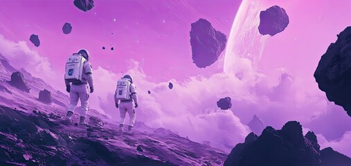 Wall Mural - two astronauts exploring a purple alien landscape with asteroids and a distant planet
