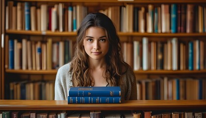 A womans hand interacting with a blue book amidst university library bookshelves