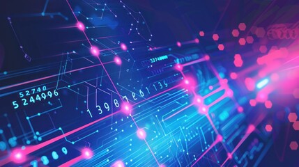 Abstract data flow concept with binary code and glowing lines on a dark blue background