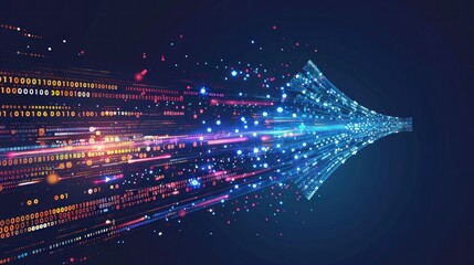 Abstract data flow with binary code and colorful lines on a dark blue background vector illustration