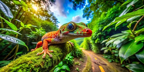 Wall Mural - A colorful Turkish gecko lounges on a branch surrounded by lush greenery, perfectly blending into its vibrant natural