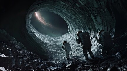 Wall Mural - astronauts exploring a lunar crater with a galaxy visible in the distance