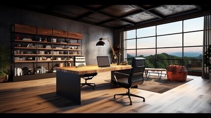 A modern office with a large window overlooking a mountain