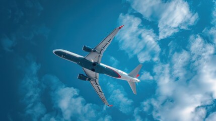 A commercial airplane flying in the sky, viewed from below