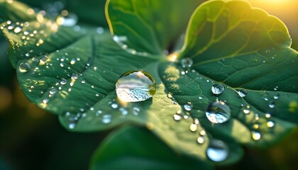 Wall Mural - Sparkling Water Drops on Green Leaf Capturing Sunlight Reflections