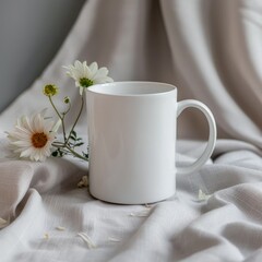 Wall Mural - White Ceramic Mug with Daisies on a Fabric Background