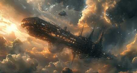 Wall Mural - a futuristic spaceship flying through clouds in outer space
