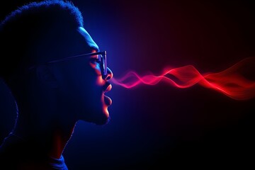 A vibrant silhouette of a person speaking, with colorful sound waves visually emanating, creating a dynamic interplay of light and energy.