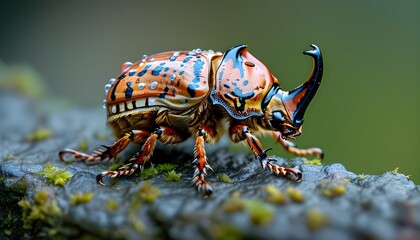 Wall Mural - intricate macro shot of a japanese rhinoceros beetle showcasing vibrant colors and detailed textures