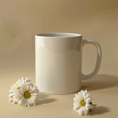 White Mug with Two Daisies on a Tan Background