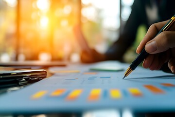 A close-up of a hand writing with a pen on a colorful chart, surrounded by stationery, with sunlight creating a warm atmosphere.