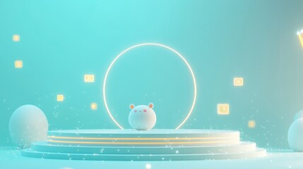 Sticker - A cute animated character stands on a podium surrounded by glowing elements in a serene setting.