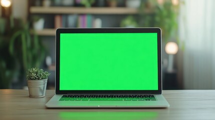 Wall Mural - A laptop with a green screen on a wooden table, surrounded by indoor plants.