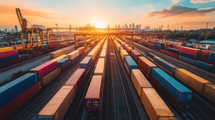 Sticker - Aerial view of a shipping yard at sunset with colorful cargo containers and city skyline.