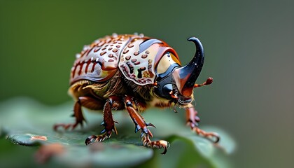 intricate macro shot of a japanese rhinoceros beetle showcasing vibrant colors and detailed textures