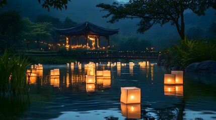 A tranquil river illuminated by the soft glow of floating lanterns, casting gentle reflections on the surface, surrounded by nature in the twilight, evoking a sense of calm and natural beauty 