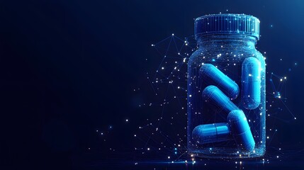 
Plastic bottle with two abstract blue medical drug capsules. Healthcare medical and pharmacy concept. Low poly style. Geometric background Wireframe light connection structure Modern 3d graphic