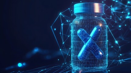 
Plastic bottle with two abstract blue medical drug capsules. Healthcare medical and pharmacy concept. Low poly style. Geometric background Wireframe light connection structure Modern 3d graphic