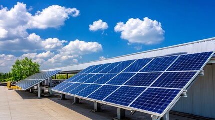 Sustainable Energy: Solar Panels on Rooftop Under Blue Sky with Clouds for Renewable Power Solutions and Eco-Friendly Design