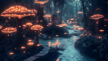 A mystical forest with glowing mushrooms, winding rivers, and floating islands, creating a magical and otherworldly feel