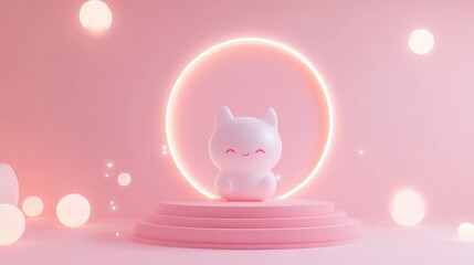 Sticker - A cute white cat figurine on a pink pedestal with glowing elements in a soft pastel setting.