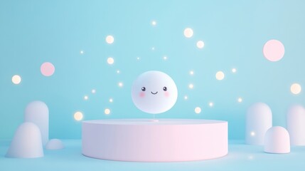 Wall Mural - A cute, smiling character on a pastel podium with soft shapes and sparkles around it.