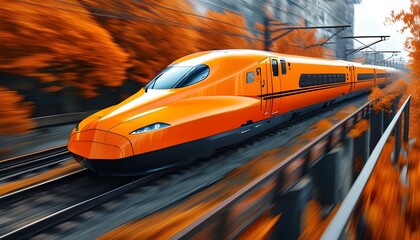 Wall Mural - orange futuristic train speeding through a modern skyline