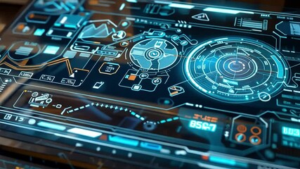 Poster - A sleek digital dashboard showcases various data analytics and technology metrics, illuminated in vibrant colors, set in a contemporary workspace during the evening.