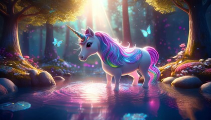 A luminous unicorn stands gracefully in a serene, enchanted forest, surrounded by colorful butterflies and gentle reflections in the water.