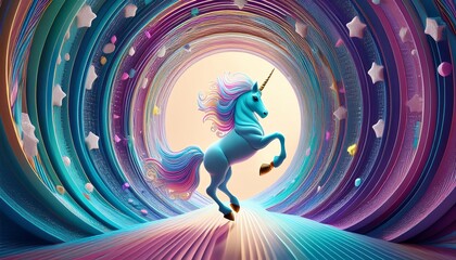 Wall Mural - A vibrant unicorn prances through a colorful, fantastical tunnel, surrounded by sparkling stars and swirling patterns.