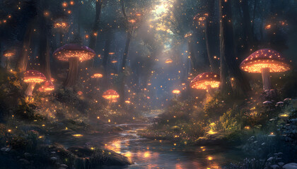 A mystical forest with glowing mushrooms, winding rivers, and floating islands, creating a magical and otherworldly feel