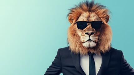 A lion in a suit wearing sunglasses, displaying a cool and confident look against a blue background.