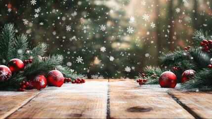 Christmas winter decorations with snowflakes, snow, xmas baubles and fir trees on wooden table | Generative AI transparent background