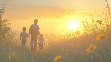 Wall Mural - Silhouettes of a family walking into the sunset.