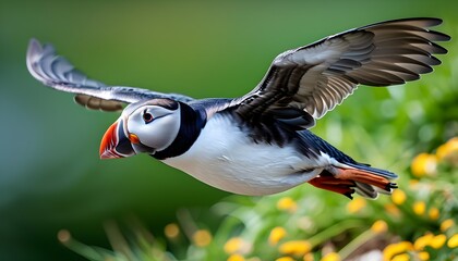 Wall Mural - Majestic Atlantic Puffin in Flight Against a Lush Green Backdrop