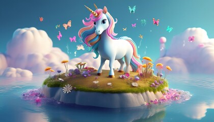 Wall Mural - A magical unicorn stands on a vibrant island surrounded by flowers, butterflies, and a serene blue sky, creating a whimsical, enchanting scene.