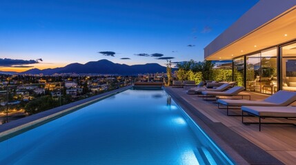 Wall Mural - Luxurious evening view of a modern poolside with mountains in the background.