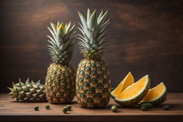 Pineapples on a wooden background. ai generative