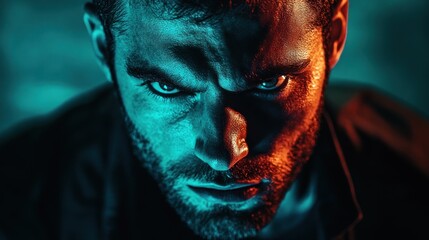 Poster - A close-up of an intense man with dramatic lighting, conveying emotion and tension.