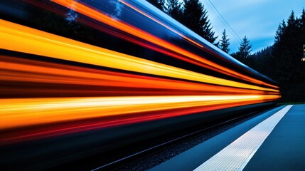 Sticker - A blurred motion capture of a train speeding through a forested area at dusk.