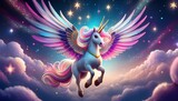 A magical unicorn with colorful wings flies through a starry sky, surrounded by fluffy clouds and sparkling lights, evoking a sense of wonder and fantasy.