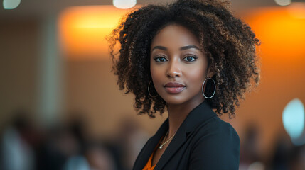 Canvas Print - Young woman with curly hair in a black blazer.