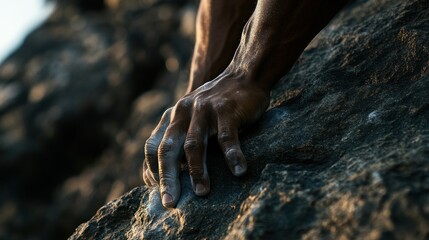 Wall Mural - A close-up of a hand gripping a rocky surface, highlighting climbing and determination.