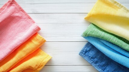 Wall Mural - A brightly colored kitchen towel neatly arranged on a white wooden background. Simple, clean composition with ample space for text or products.